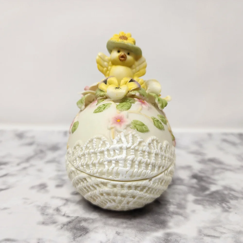Decorative Egg with Yellow Chick and Flowers Trinket Box